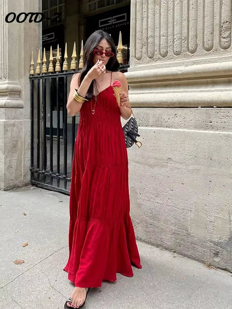 Sling A-Line Long Dress Women Sexy Sleeveless Backless Deep V-Neck Female Dresses 2025 Spring Summer Beach Party Lady Robe