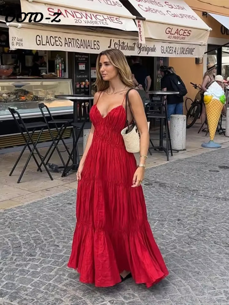 Sling A-Line Long Dress Women Sexy Sleeveless Backless Deep V-Neck Female Dresses 2025 Spring Summer Beach Party Lady Robe